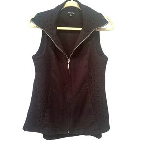 Linen Blend Black Eyelet Lace Zip Up Blend Vest Sz Medium Whimsigoth Romantic